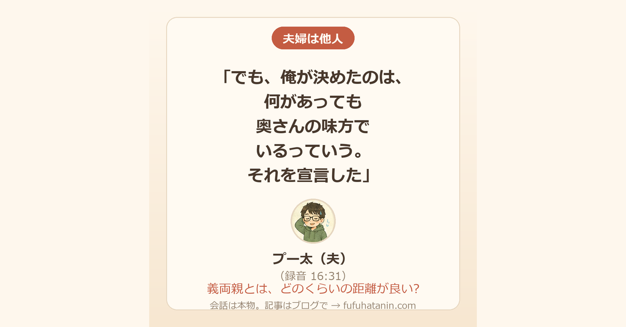 「夫婦は他人」のカード画像。夫の発言「でも、俺が決めたのは、何があっても奥さんの味方でいるっていう。それを宣言した」（録音16:31）と、テーマ「義両親とは、どのくらいの距離が良い?」が書かれている。