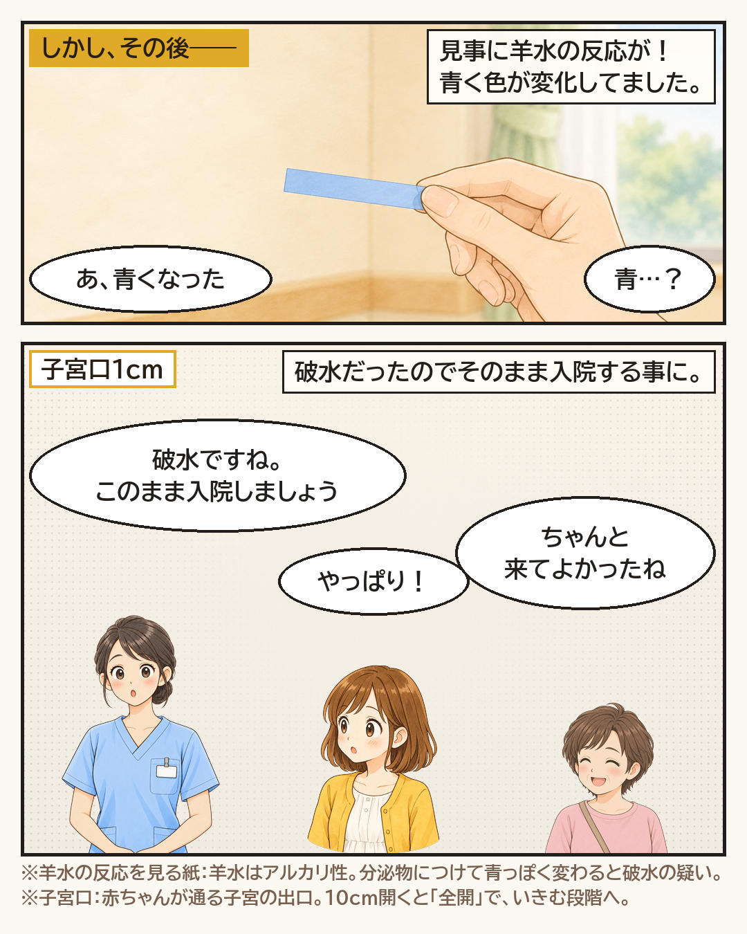 検査の紙が青く変わり、羊水の反応が出て、そのまま入院に