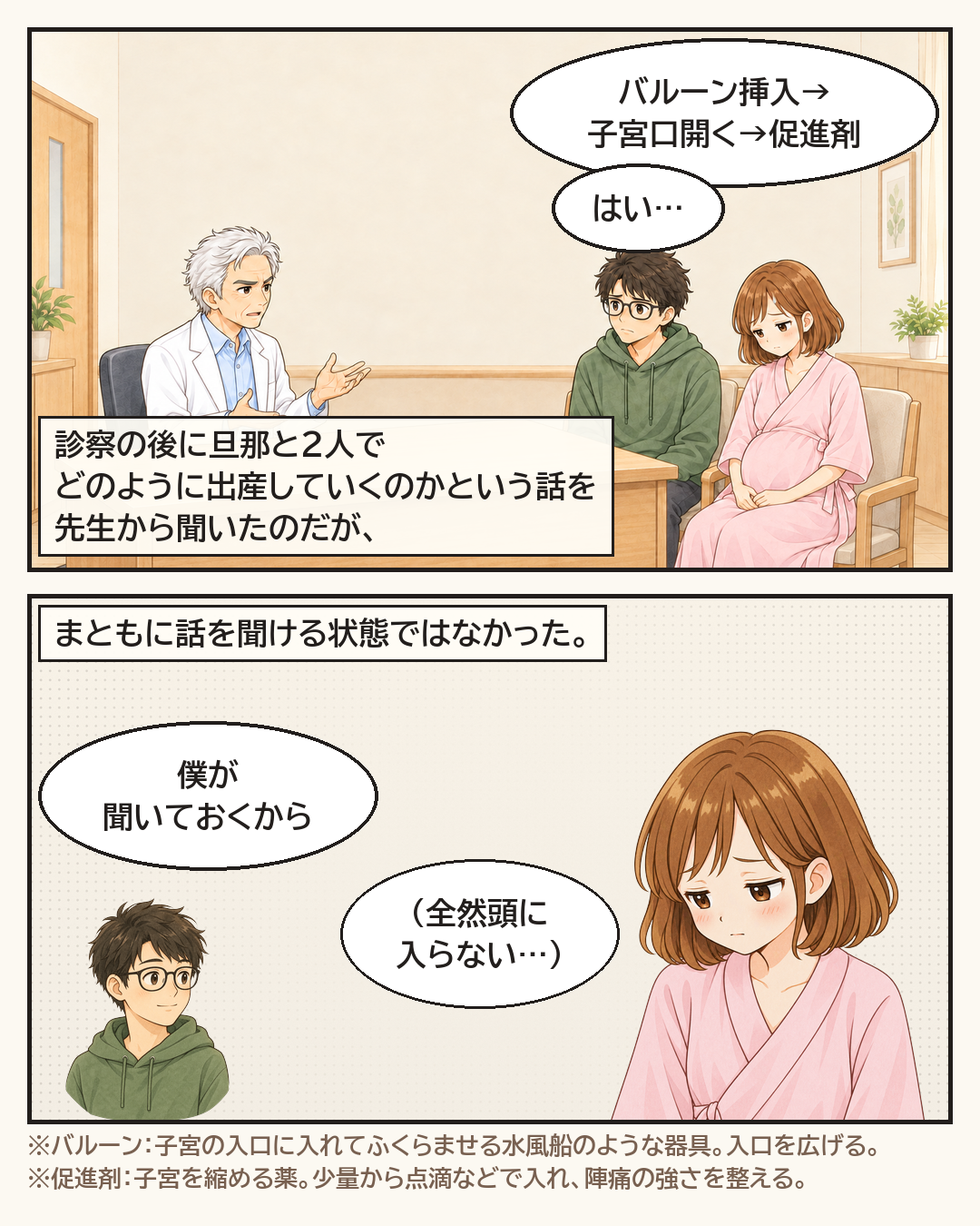 そのあと、夫と2人で先生から出産の進め方を聞くが、妻はまともに聞ける状態ではない