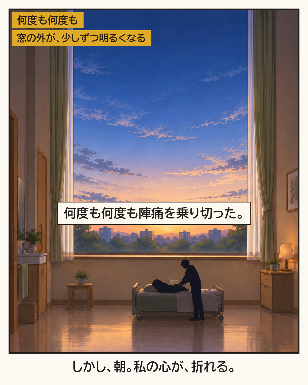 窓の外が少しずつ明るくなる。何度も何度も陣痛を乗り切った夜