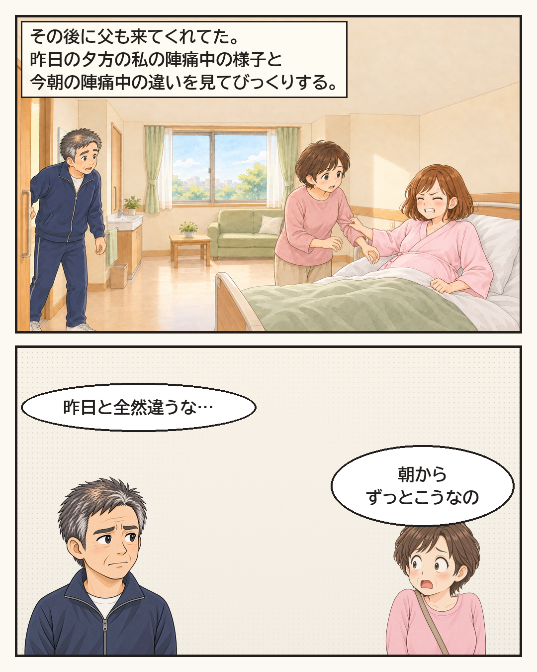その後に来た父が、昨日との陣痛中の様子の違いにびっくりする