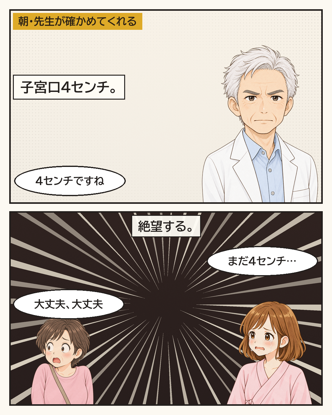 朝、先生が確かめてくれた結果は子宮口4センチ。絶望する妻